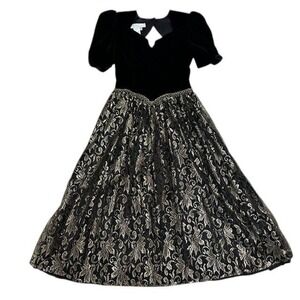 Scott McClintock‎ Vintage Black Velvet & Gold Lace Party Dress Size 8